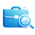 Blue briefcase and magnifying glass icon representing B2B sales teams and data-driven local SEO prospect analysis.