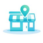 Blue storefront icon with a location pin representing local SEO agencies and Google Maps visibility.