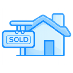 Blue house with sold sign icon representing real estate agents and property sales services.