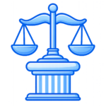 Blue scales of justice on courthouse column icon representing law firms and legal services.