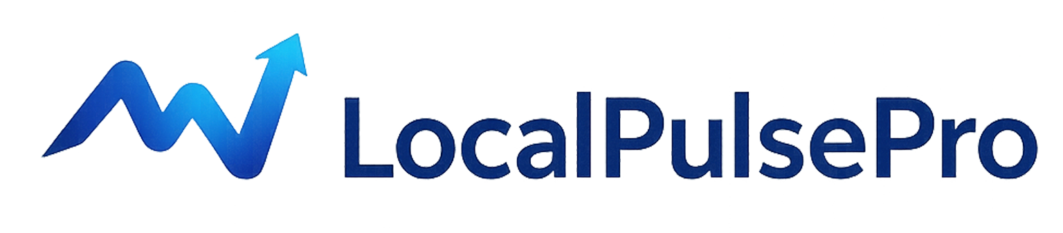 LocalPulsePro logo featuring a blue zigzag arrow trending upward followed by the brand name in bold dark blue text on a transparent background.