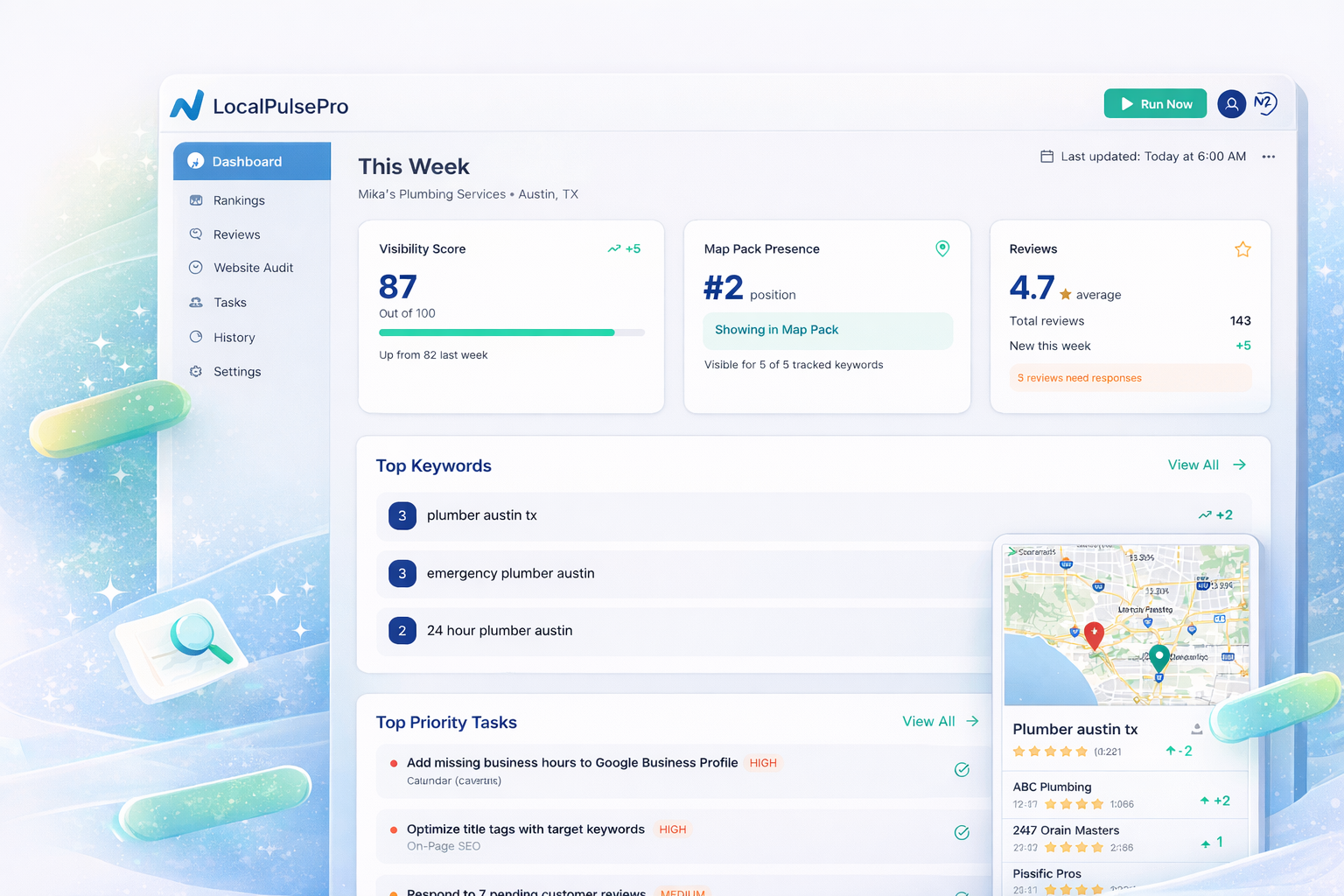 LocalPulsePro dashboard interface displaying local SEO visibility score, Google Maps ranking position, review metrics, top keywords, and priority optimization tasks.