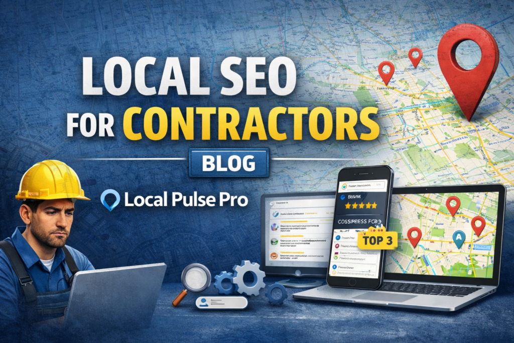 Graphic comparing Google Maps Map Pack results and organic search rankings for contractors, showing mobile and desktop search visibility differences.