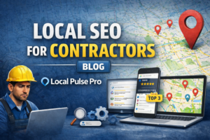 Graphic comparing Google Maps Map Pack results and organic search rankings for contractors, showing mobile and desktop search visibility differences.