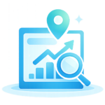 Blue analytics dashboard icon with location pin, upward trend arrow, and magnifying glass representing local SEO analysis.